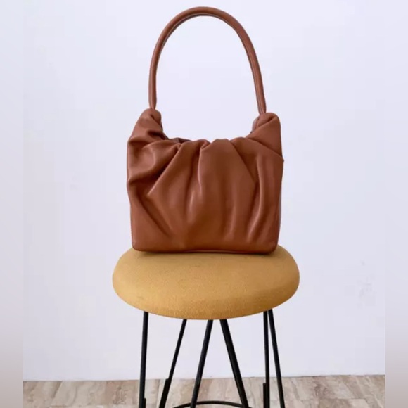 STAUD Handbags - STAUD The Felix Bag Ruched Leather Top Handle in Tan Brown
